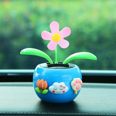 Summer Cute Sunflower Car Ornaments Car Interior Central Console Decorative Supplies Internet Celebrated Plastic Solar Energy Flower New (Car ornaments) - blue-three-small-flowers-a
