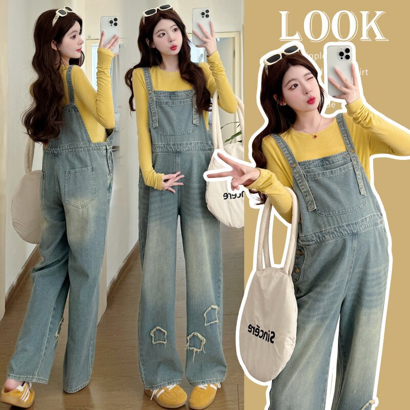 2025 Spring New Maternity Denim Overalls + Maternity Top Two-Piece Suit Yellow Top