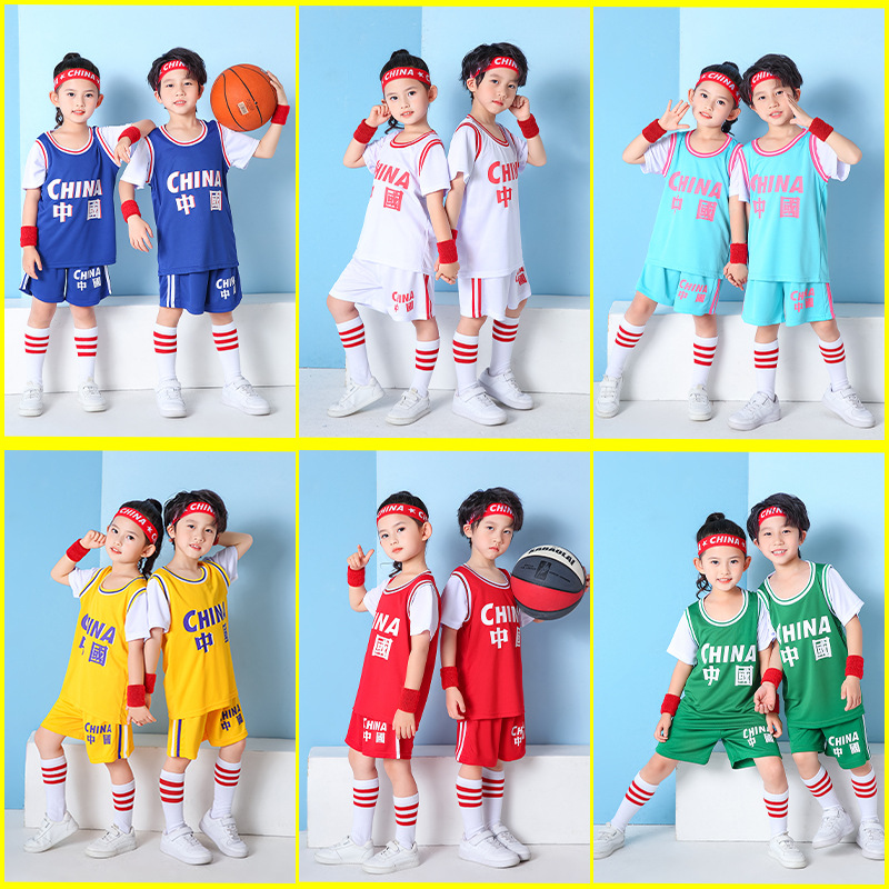 Children's Basketball Suit Boys' Short-sleeved Sports Training Suit Fake Two-piece Girls' Performance Team Uniform Primary School Student's Jersey