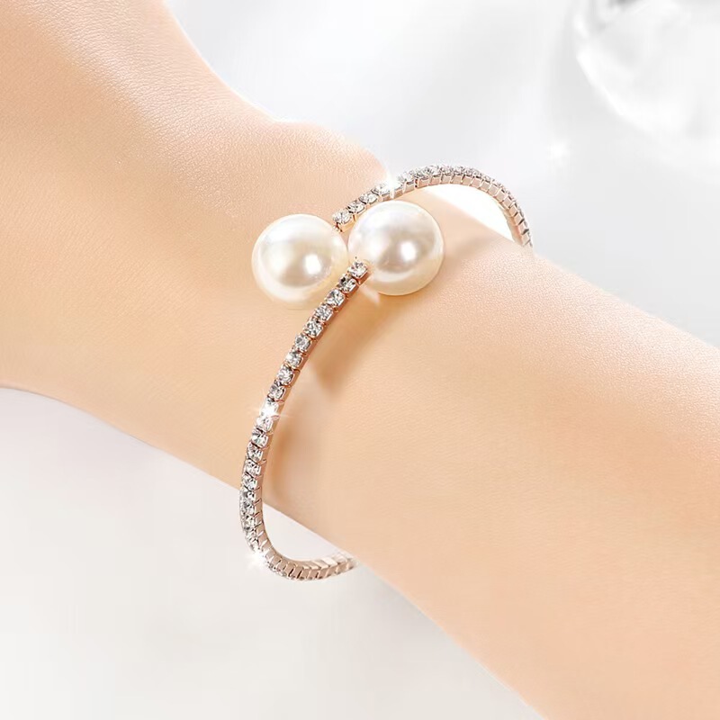Fashion Cross-Border Bracelet Hot-Selling Bridal Jewelry Elegant Shiny Rhinestone Bracelet Pearl Single Row Bracelet Women's Open