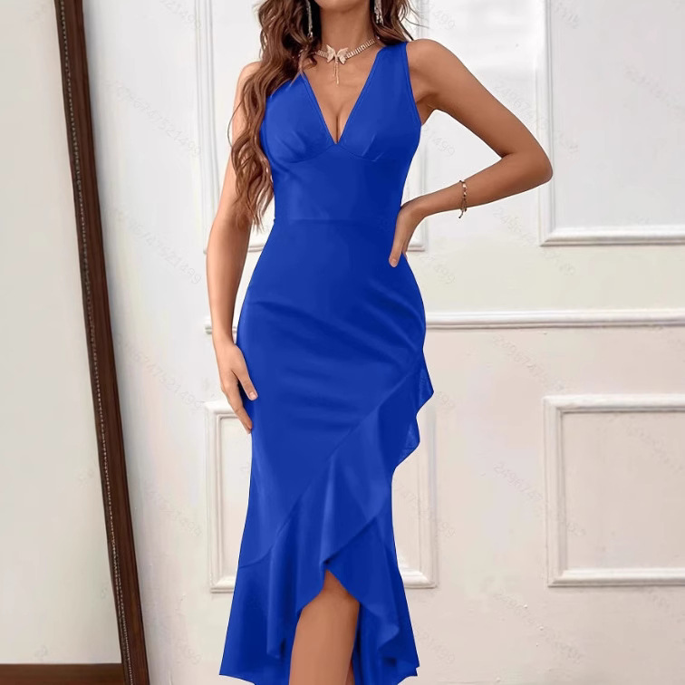 2024 New European and American Women's Hip Tuxtail Dress New V-neck Sexy Split Ruffled Dress dress
