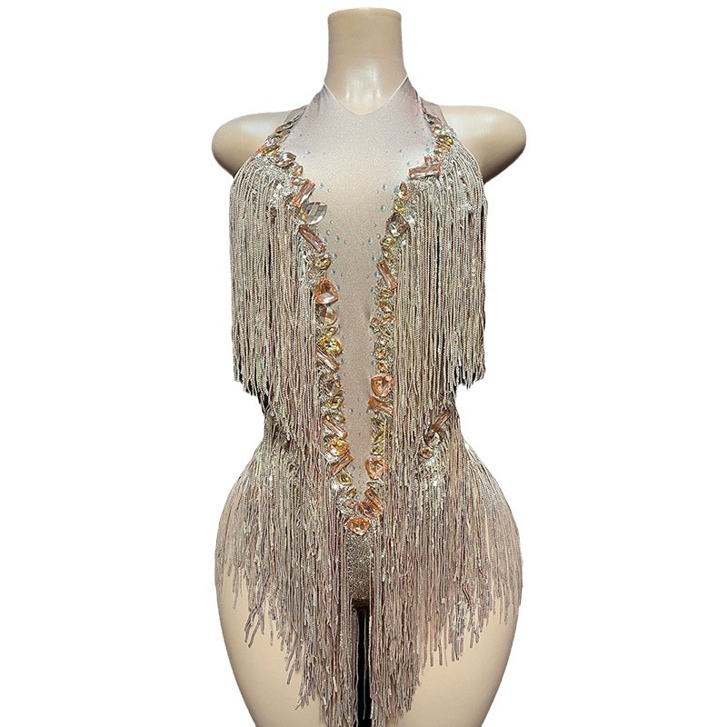 NOCANCE 2023 nuevo champán sexy brillante diamante borla cuello redondo corto elegante de lujo mono