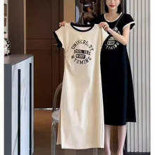 欧货夏连衣裙女冰丝薄字母印花开叉长裙设计感短袖修身显居家裙