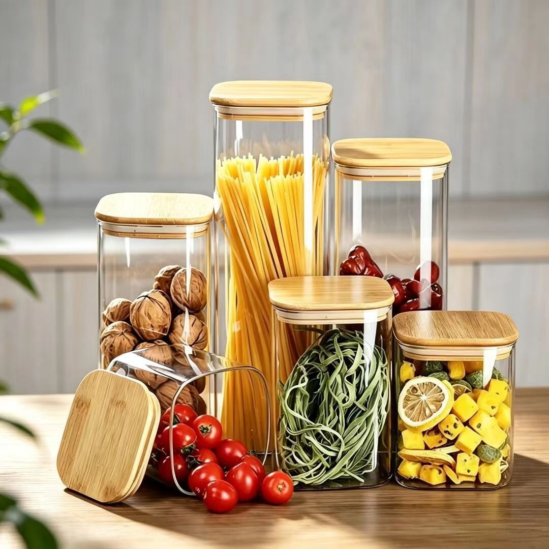 Square glass sealed jar for kitchen grain and dried fruit storage, transparent tea jar, coffee jar, food-grade storage jar