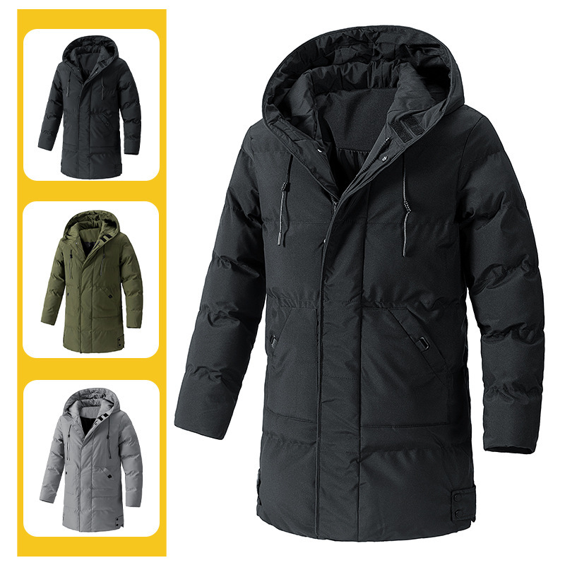 Cross-Border Mid-Length Cotton Jacket for Men, Large Size, Cross-Border Winter Loose Hooded Cotton Jacket, Warm and Thickened down Cotton Jacket, Handsome