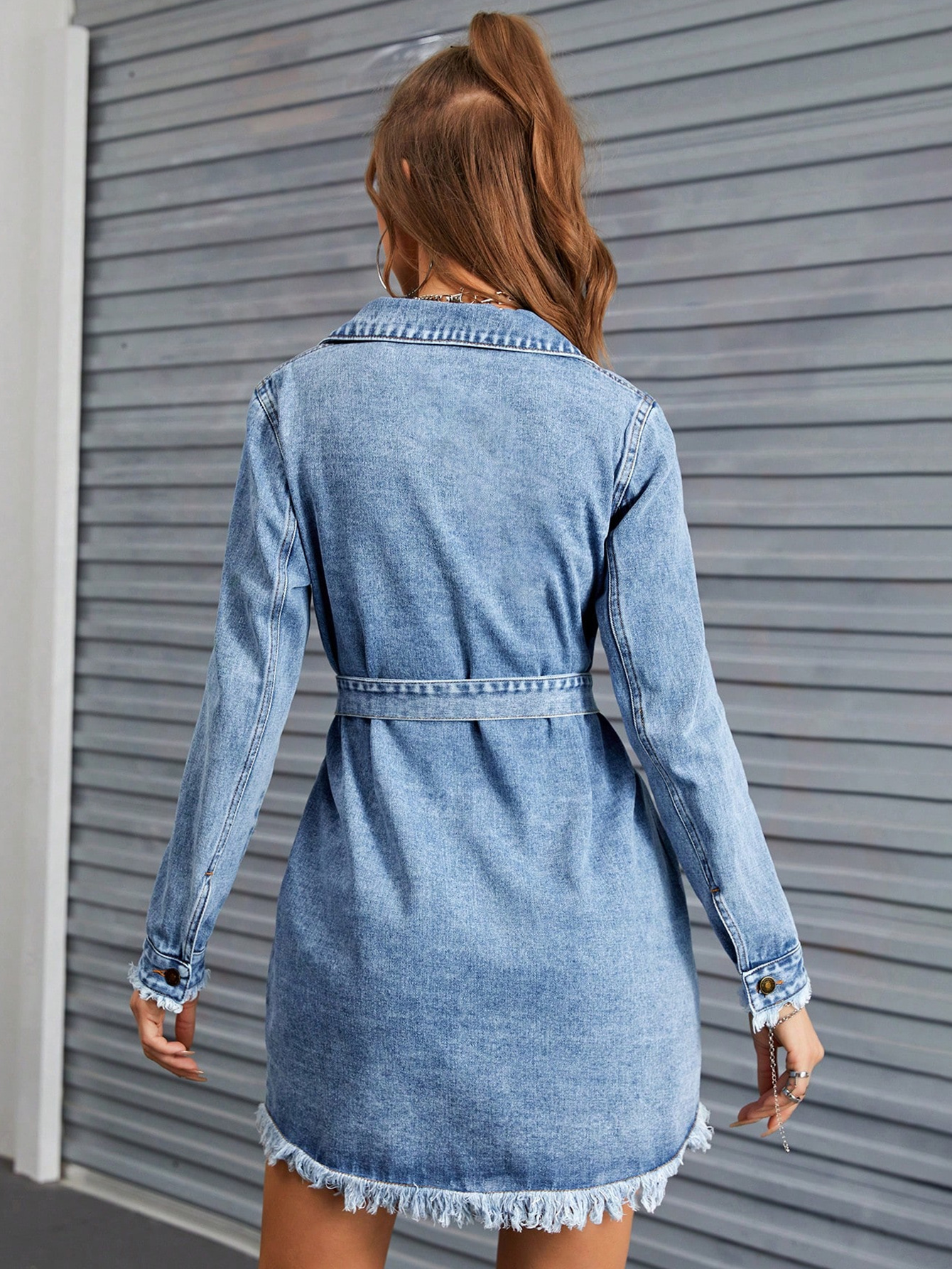 ​​Vintage Denim Dress – Long Sleeve Button-Down Shirt Dress – Relaxed Fit With Pockets – Light Blue (XS/S/M/L)​​_ecoleips.com