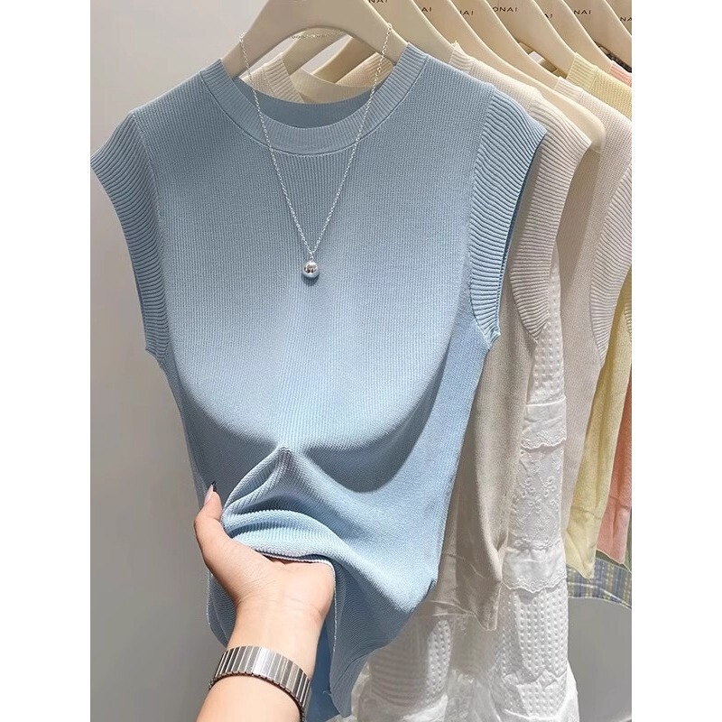 Thin Round Neck Flying Sleeve Knitwear Short-Sleeved Waistcoat Top Loose Slimming Look Pure Color Fresh Short Style Women A3920