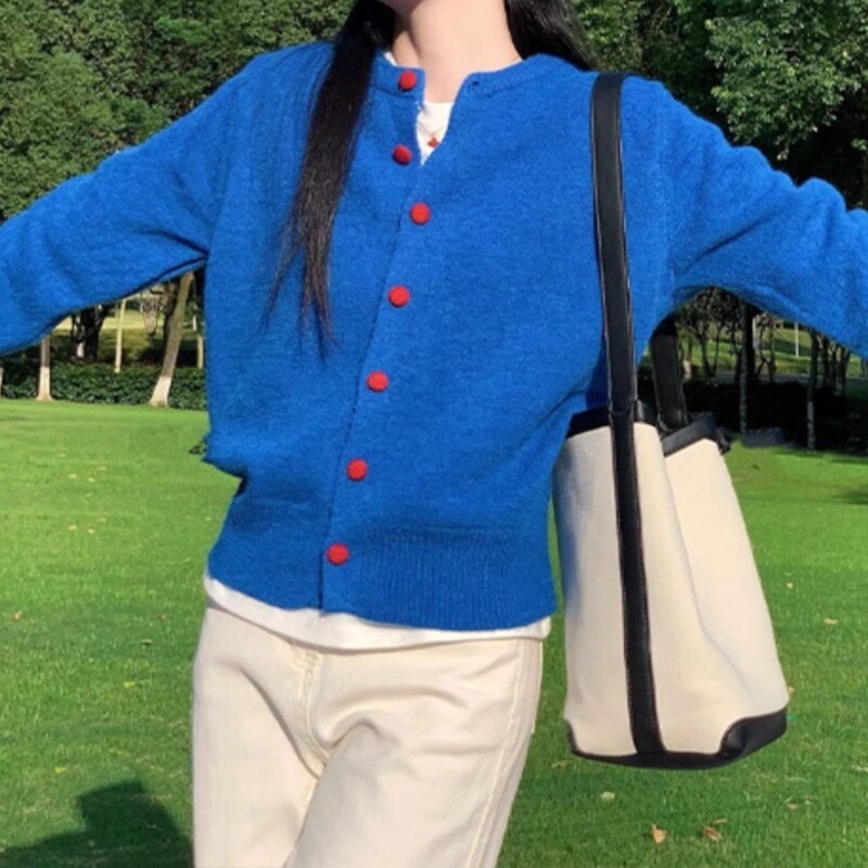 Klein Blue Crew Neck Sweater Cardigan for Women, Autumn/Winter Thick Loose Lazy Style Knitted Jacket Top