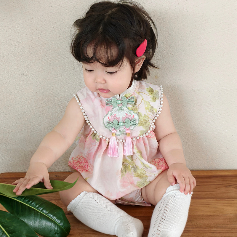 夏の漢服子供用ジャンプスーツベビー新中国風の1歳のドレス女の子のチャイナドレスベビーハイハイスーツ|undefined