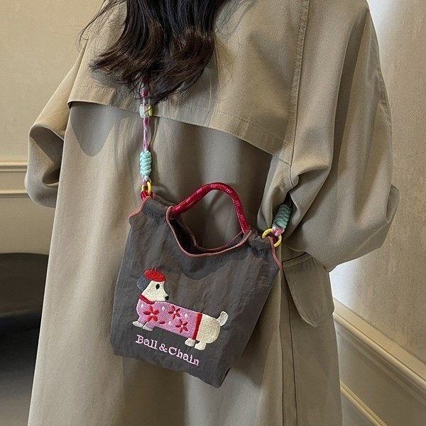 Japanese-Style Ballchain Eco-Friendly Embroidered Shopping Bag Nylon Fabric Floral Handbag Niche Fashion Shopping Bag