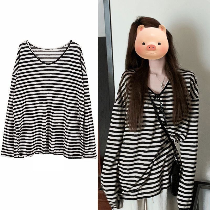 Lazy Style Retro Color-Blocked Striped Long-Sleeve T-Shirt for Women 2026 Autumn New Soft and Loose Slimming Mid-Length Top