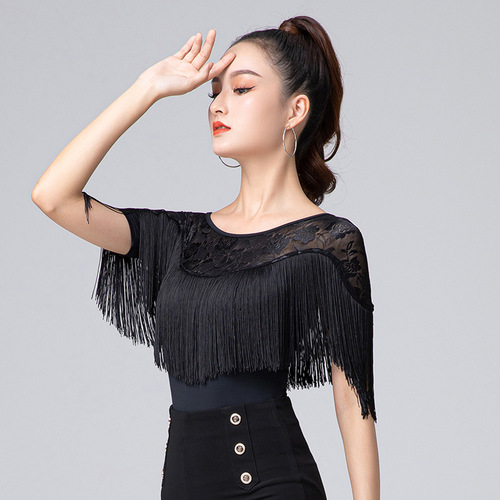 Black Lace fringed Latin Ballroom dancing shirts for woman female teacher training shows the etiquette training modern dance tops for female