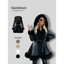 R 10853 Fur Collar Waist-Tied PU Leather Jacket ë������ PU