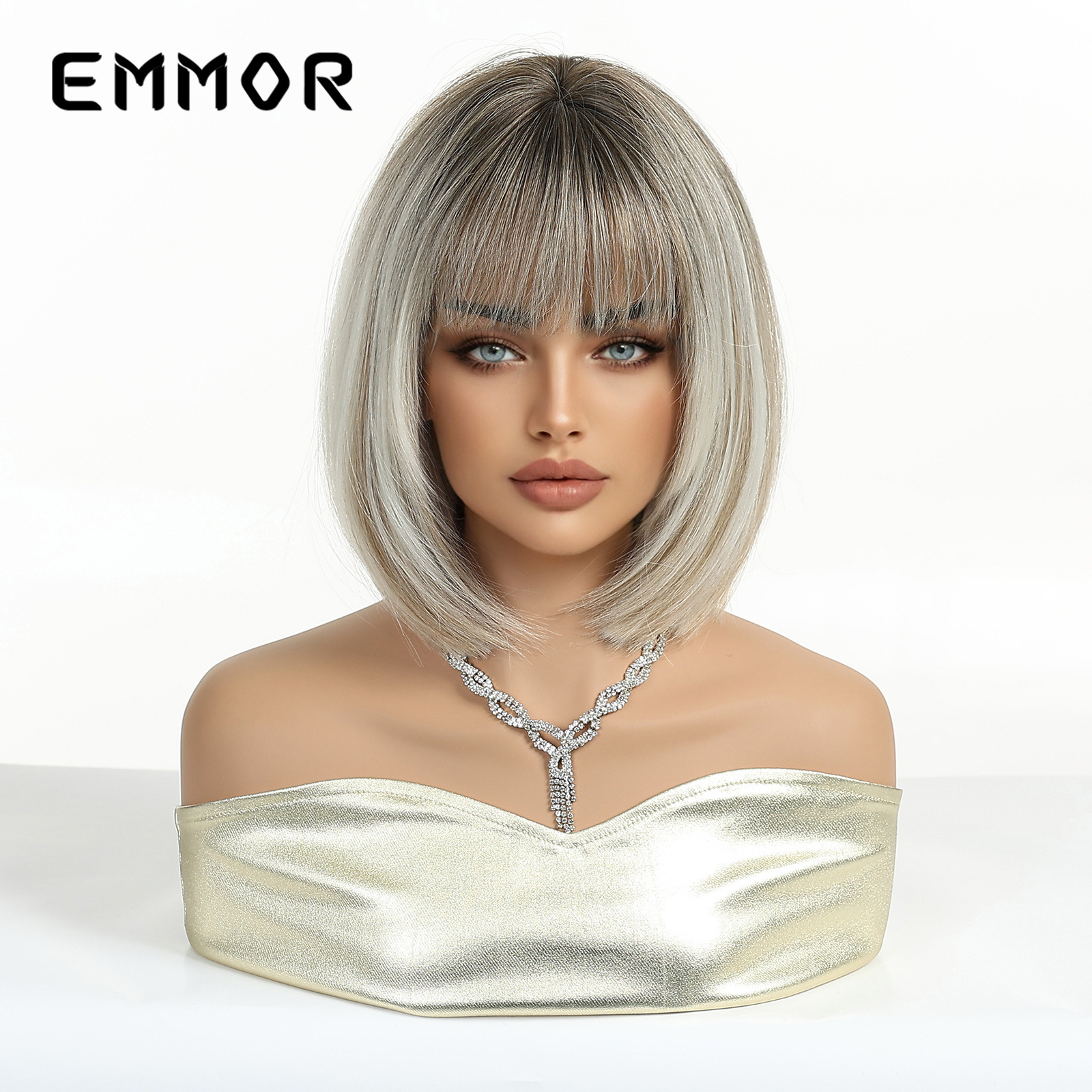 Comercio exterior transfronterizo estilo europeo y americano nuevo producto Qi flequillo pelo corto BOBO cabeza gradiente blanco gris moda peluca mujer todo en la cabeza