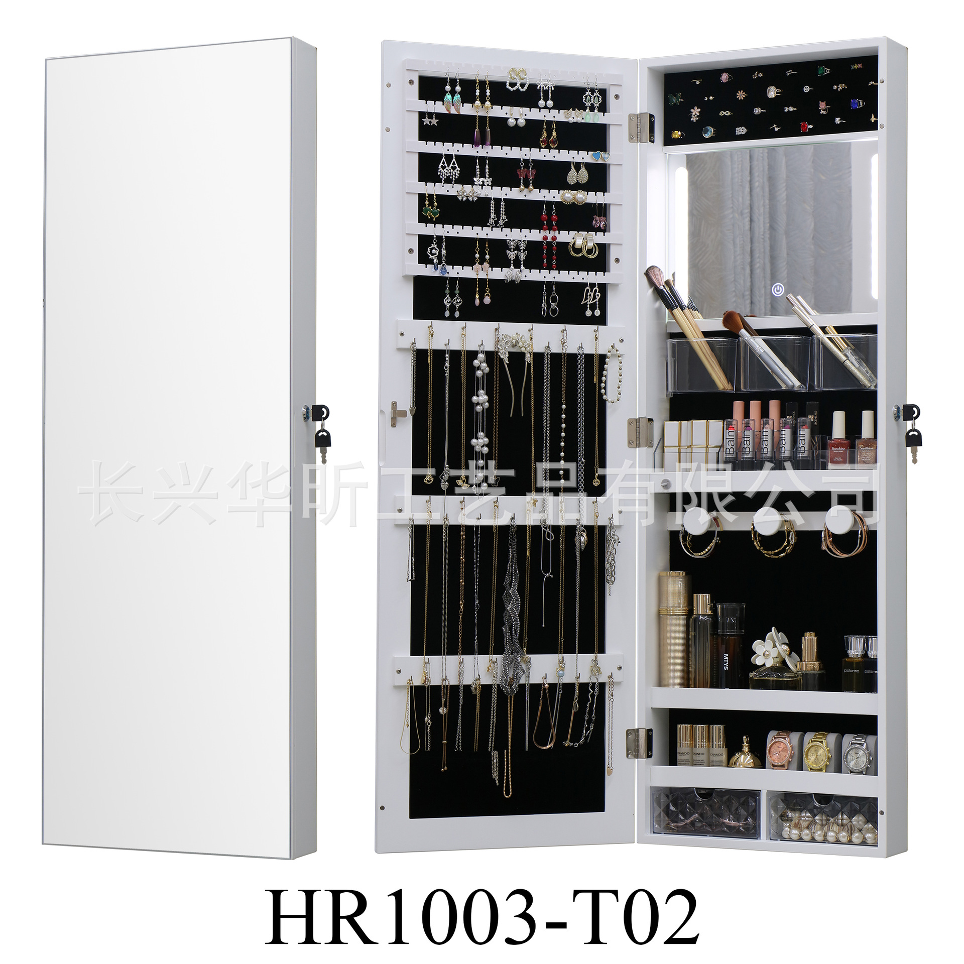 Espejo de gabinete de joyería montado en la pared espejo de cuerpo completo con tira de luz LED Interruptor táctil Almacenamiento de joyas multifunción