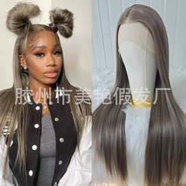 外贸热销款灰棕色化纤哑光高温丝13*4前蕾丝假发cosplay假发