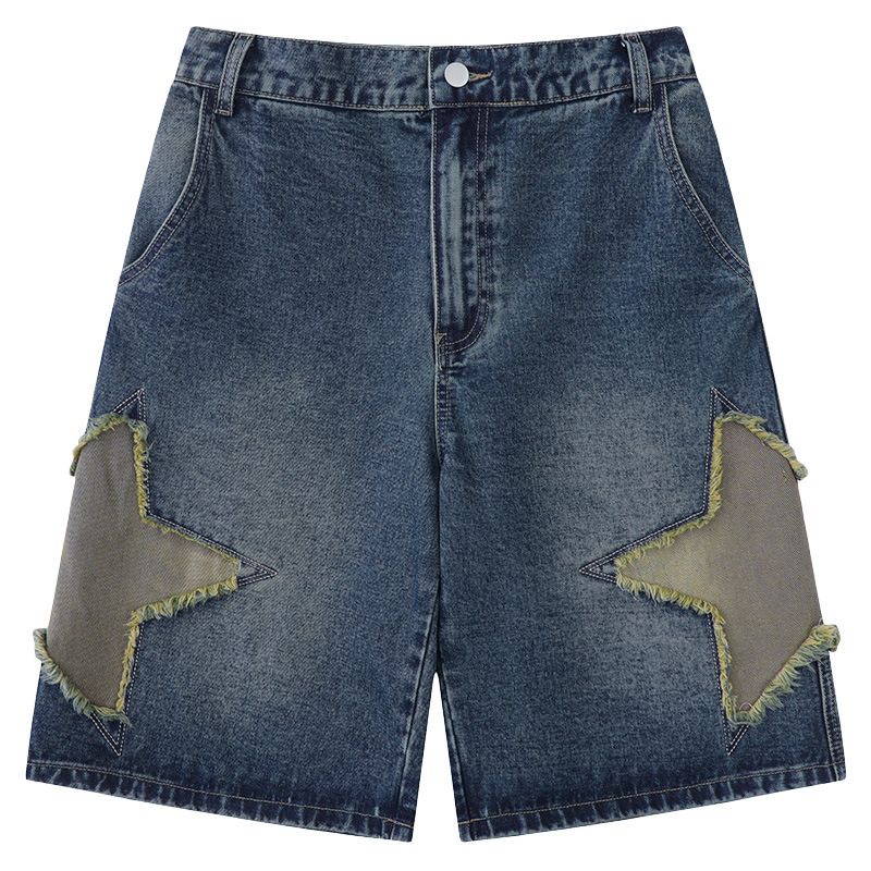 Yprs Men's American Street Hip-Hop Retro National Fashion Brand Star Patch Jeans Men's Summer Short Loose Yprs Men's American Street Hip-Hop Retro National Fashion Brand Star Patch Jeans Men's Summer Short Loose