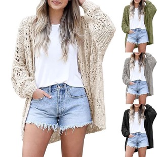 Cross-Border European and American Bohemian Crochet Jacket Hollow Beach Seaside Vacation Large Size Solid Color Women's Knitted Cardigan