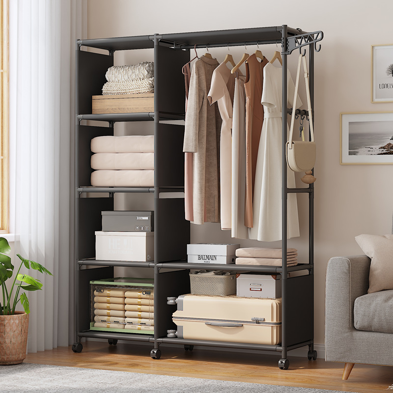 armario simple armario a prueba de polvo para dormitorio doméstico armario grueso con cortina de tracción percha de ropa móvil