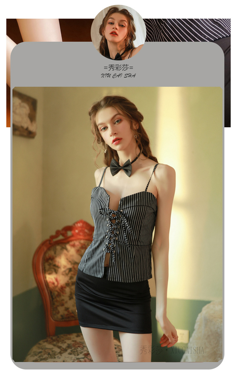 Xiuaisha Secretary Roleplay Lingerie Set with Cross-Strap Top, Mini Skirt and Thong — detail image 9