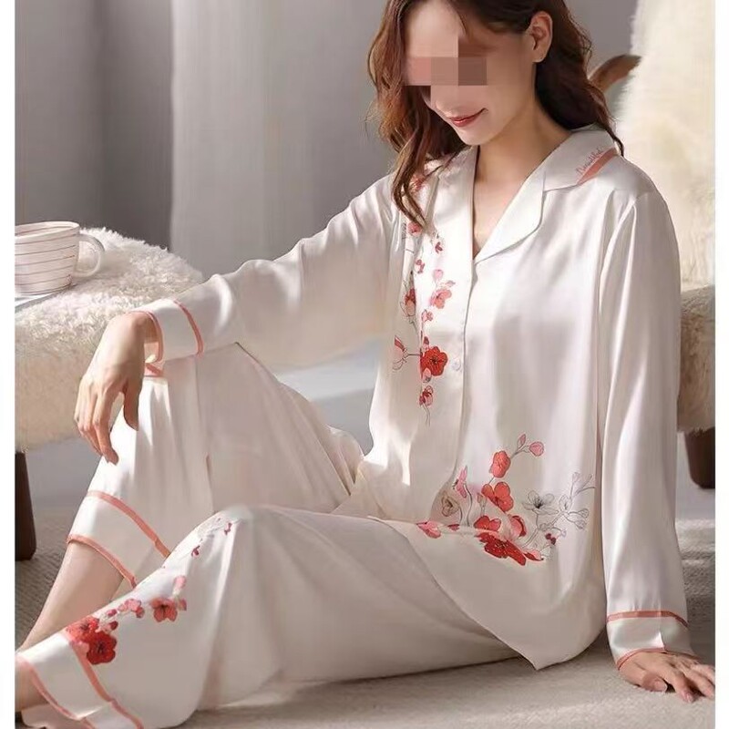 Light Luxury Shirt Pajamas Women's Suit New Chinese Elegant Flower Gift Satin Ice Silk Spring and Summer New Home Clothes