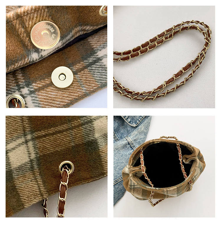Retro and fashionable woolen texture bucket bag, large capacity commuting bag, chain check pattern casual single-shoulder crossbody women's bag undefined