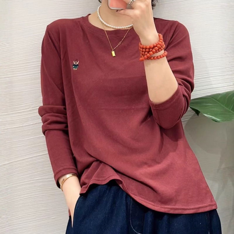 欧货2025秋季新款圆领休闲刺绣长袖T恤女宽松显瘦打底衫上衣女|undefined