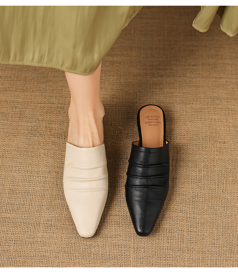 Dép sandal nữ bít mũi quai chữ V đế thấp da bò mùa xuân hè — đen chi tiết 2