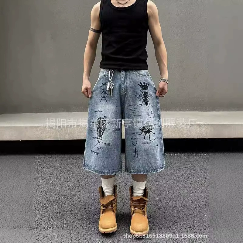 Американские высокие улицы vibe стиль граффити принт джинсы для мужчин и женщин летом новый свободный прилив семь коротких брюк