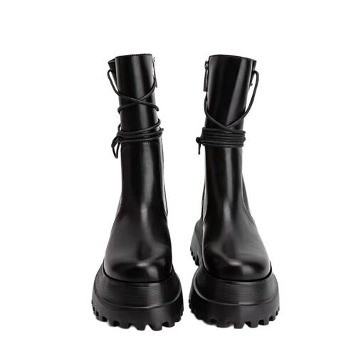 Women's Thick-soled Martin Boots Black Autumn New Short Boots Side Zipper Knight Boots Back Lacing Mid-calf Boots