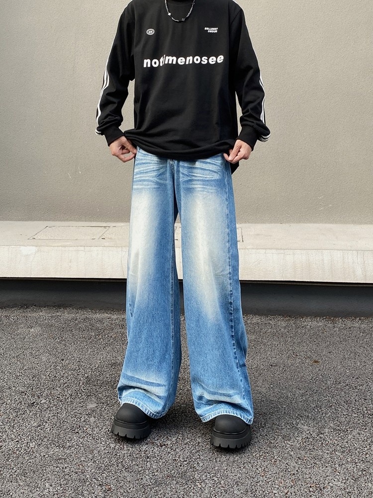 Vintage Washed Blue Wide Leg Jeans For Men & Women | Retro Loose Fit Straight Denim Pants | High Waist Comfort Styling_mkmklike.com