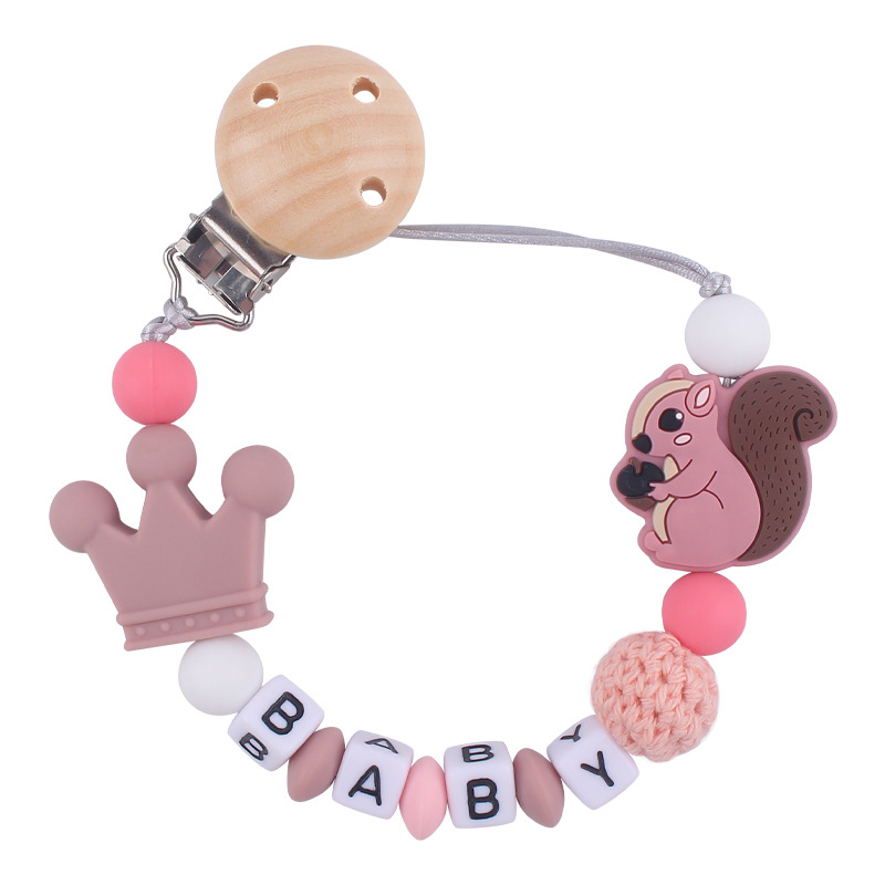 Nuevo bebé de dibujos animados animal ardilla pequeña mordedor creativo bebé DIY mordedura molar Cadena de pezón cadena anti-caída