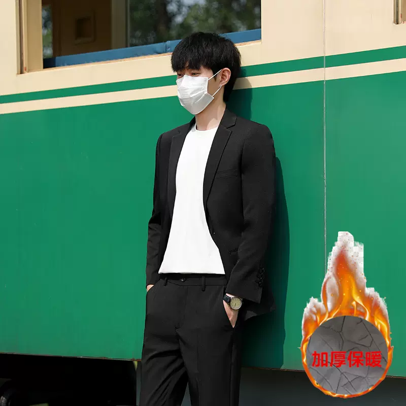 冬季夹棉加厚西装男休闲小西装潮流百搭西服痞帅男装叠穿修身外套
