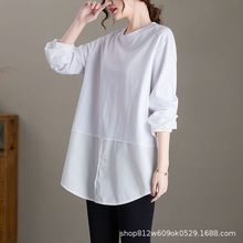 白色拼接衬衫袖T恤女秋冬松中长款打底衫上衣洋气设计感长袖