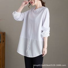 ホワイトパッチワークシャツスリーブTシャツレディース秋冬ルーズミドル丈ボトムシャツトップスおしゃれデザイン長袖