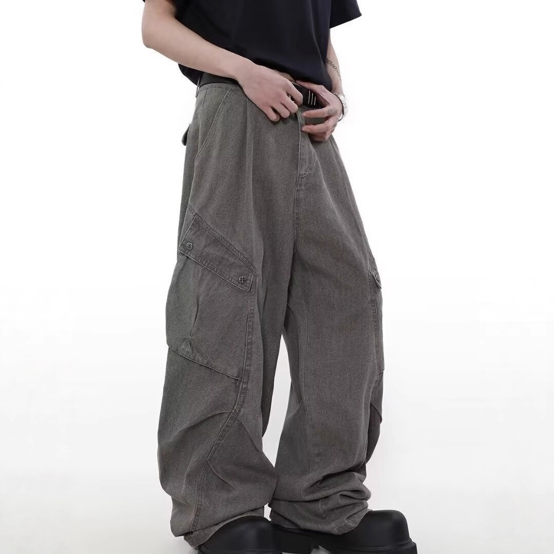 跨境工装大口袋牛仔裤男小众设计感高街直筒裤2025新款裤子春秋款