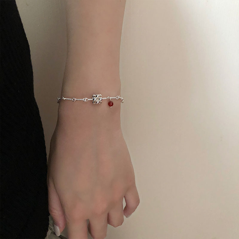 S924 Silver Woven Silver Ball Bracelet Twist Rope Glub Chain Red Agate Pendant Niche Light Luxury Trendy Jewelry All-match Fashionable