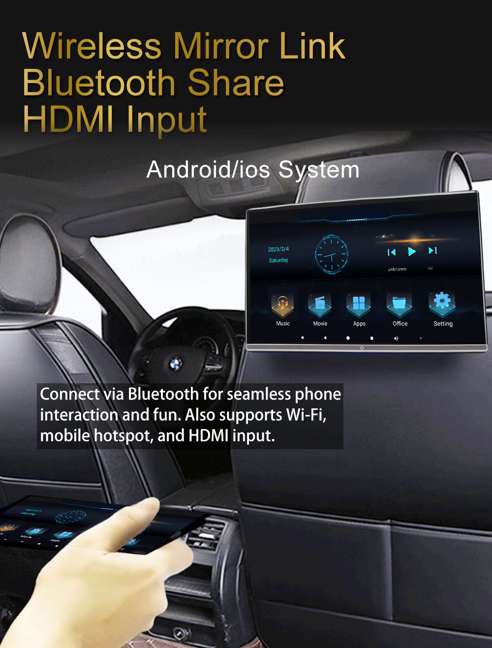 13.3inch Inch Android Monitor for Car Headrest, Rear Seat Advertising Player, Android Monitor for Car Tv