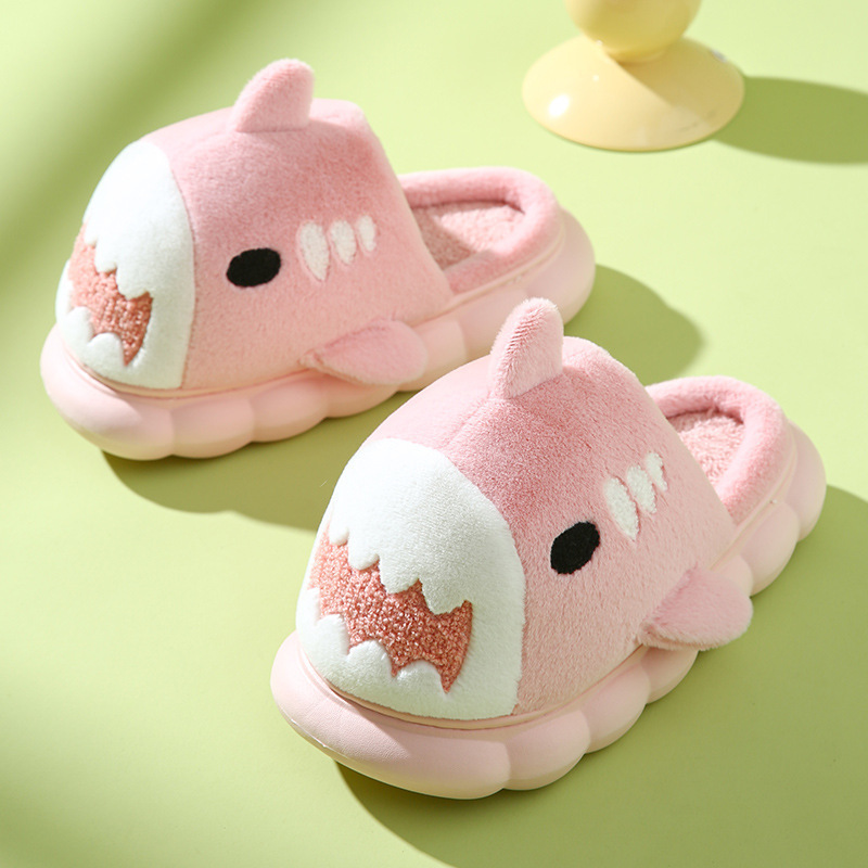 Pantuflas de algodón de tiburón de suela gruesa de invierno para mujer, pantuflas de algodón para padres e hijos, pantuflas de algodón cálidas de felpa antideslizantes para interiores para el hogar