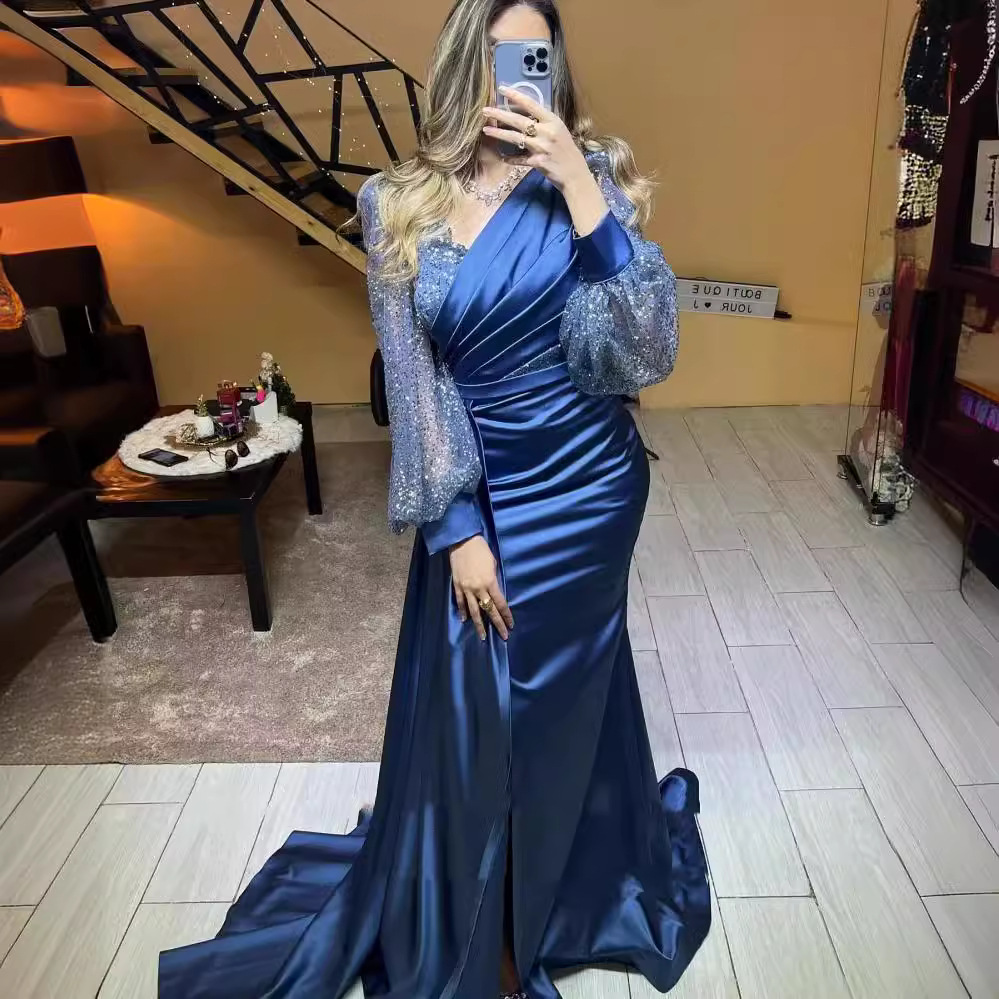 Women's Clothing E Commerce Celebrity Cocktail Party Dinner Dress Fashionable Front Slit Puff Sleeve Dress Performance Chorus Dress Female_voghion.com