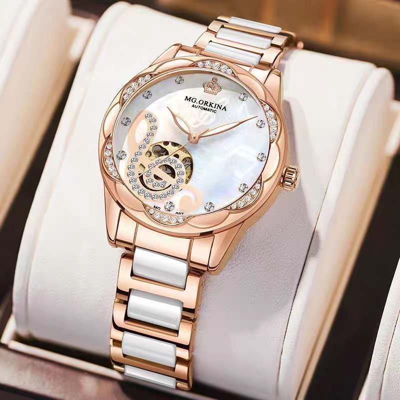 Authentic 2024 New Niche Luxury Fully Automatic Mechanical Watch Ceramic Steel Belt Douyin Same Style Women's Watch Waterproof