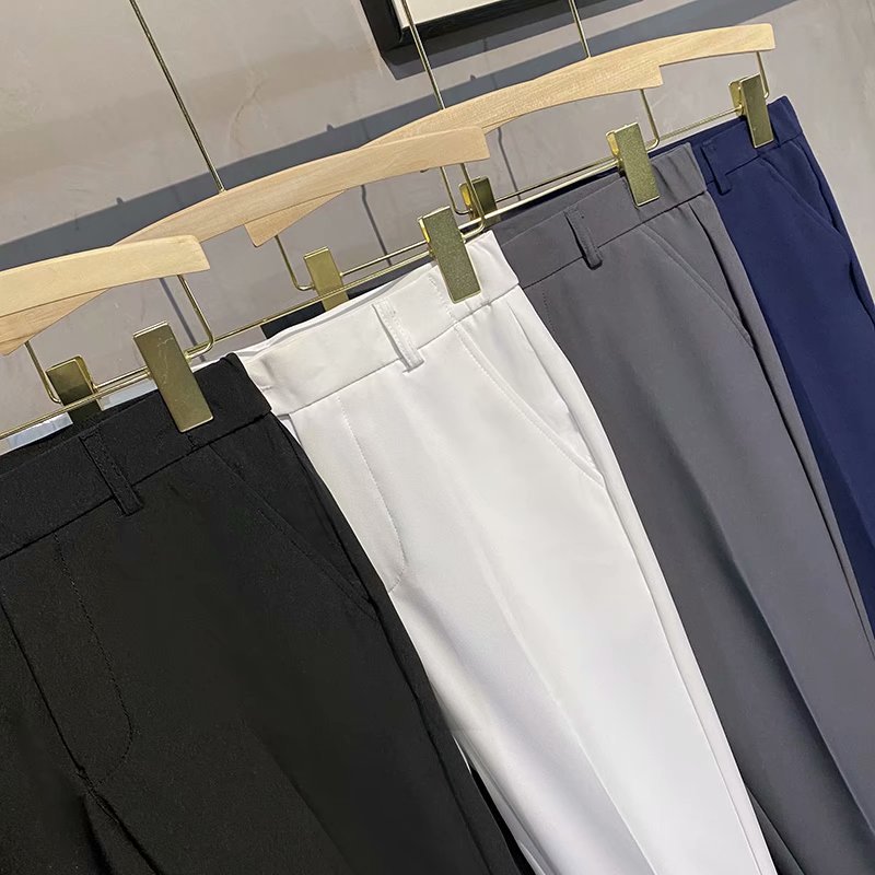 Summer Pendant Solid Color Tapered Cropped Pants Men's British Non-ironing Slim-fit Skinny Pants Double-sided Loose Waist Casual Pants