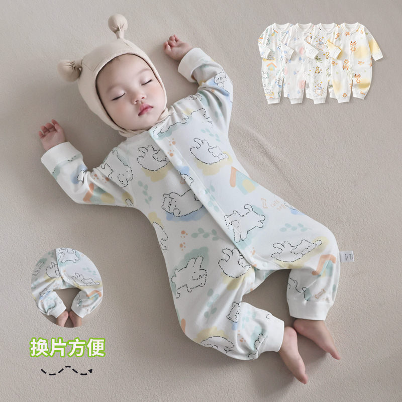 Baby Jumpsuit Long-Sleeved Split-Button Romper Pure Cotton Type a Boneless Robe Newborn Clothes Baby Outing Clothes