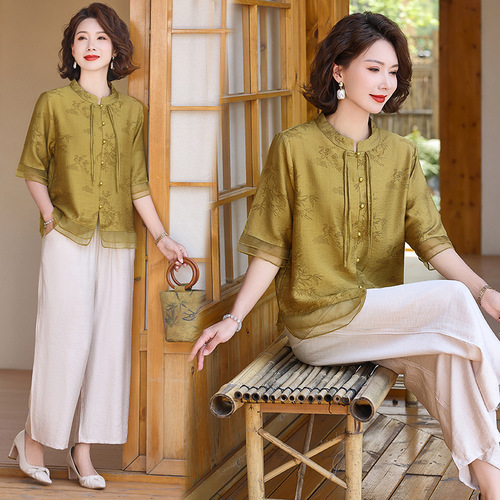 2025 New Mother Summer Set for Women, Youthful 50-Year-Old Fashion, Chinese Style, Elderly Women's Stylish and Trendy Two-Piece Set