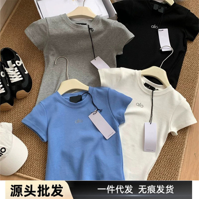 alo25 春夏新作 ラウンドネック 半袖 Tシャツ レディース スリムフィット 万能トップス ボトリングシャツ ショートトップ トレンド|undefined