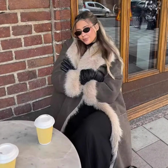 Cross-Border Women's European and American Style Autumn and Winter New Fashion Temperament Fur One-Piece Reversible Coat Jacket