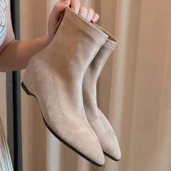 羊皮版~气质小众绒面尖头内增高后拉链瘦瘦靴短靴女秋冬季牛仔靴