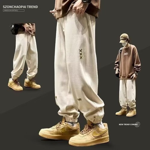 Burlap-bound ankle men's spring and autumn fashion brand loose sport pants with embroidery and drape casual pants