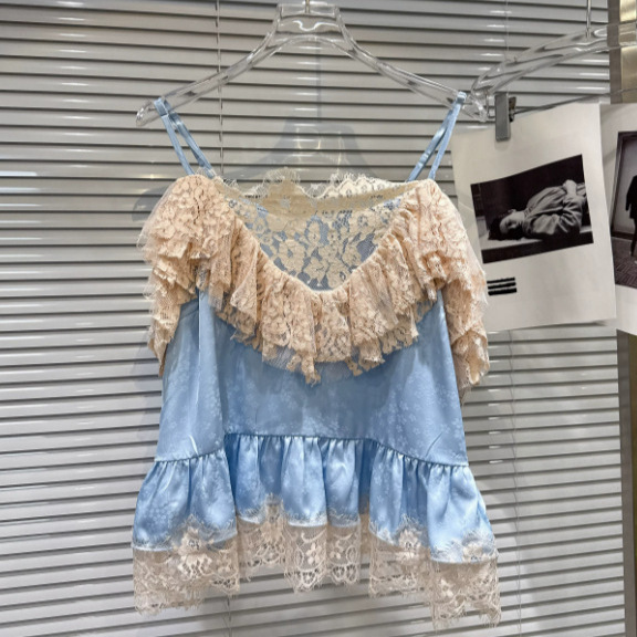 2026 Summer New Style Niche Personalized Multi-Layered Pleated Lace Edge Satin Splicing Camisole for Women