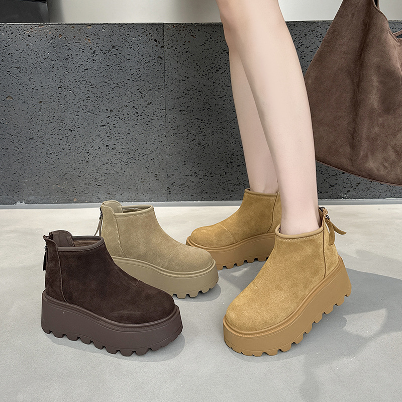 Cow Suede Thick-Soled Short Boots for Women 2025 Early Autumn Nubuck Leather Inner Heightening Women's Boots High-End Retro Soft Leather Boots